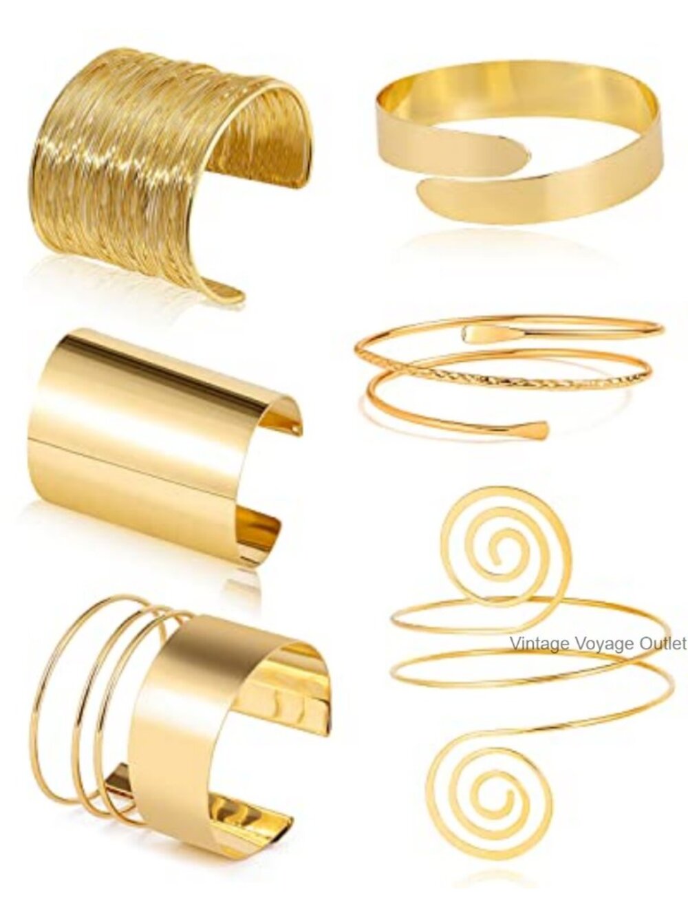Gold Plated Adjustable Arm Cuff Bracelet Set 6 Pieces Open Bangle